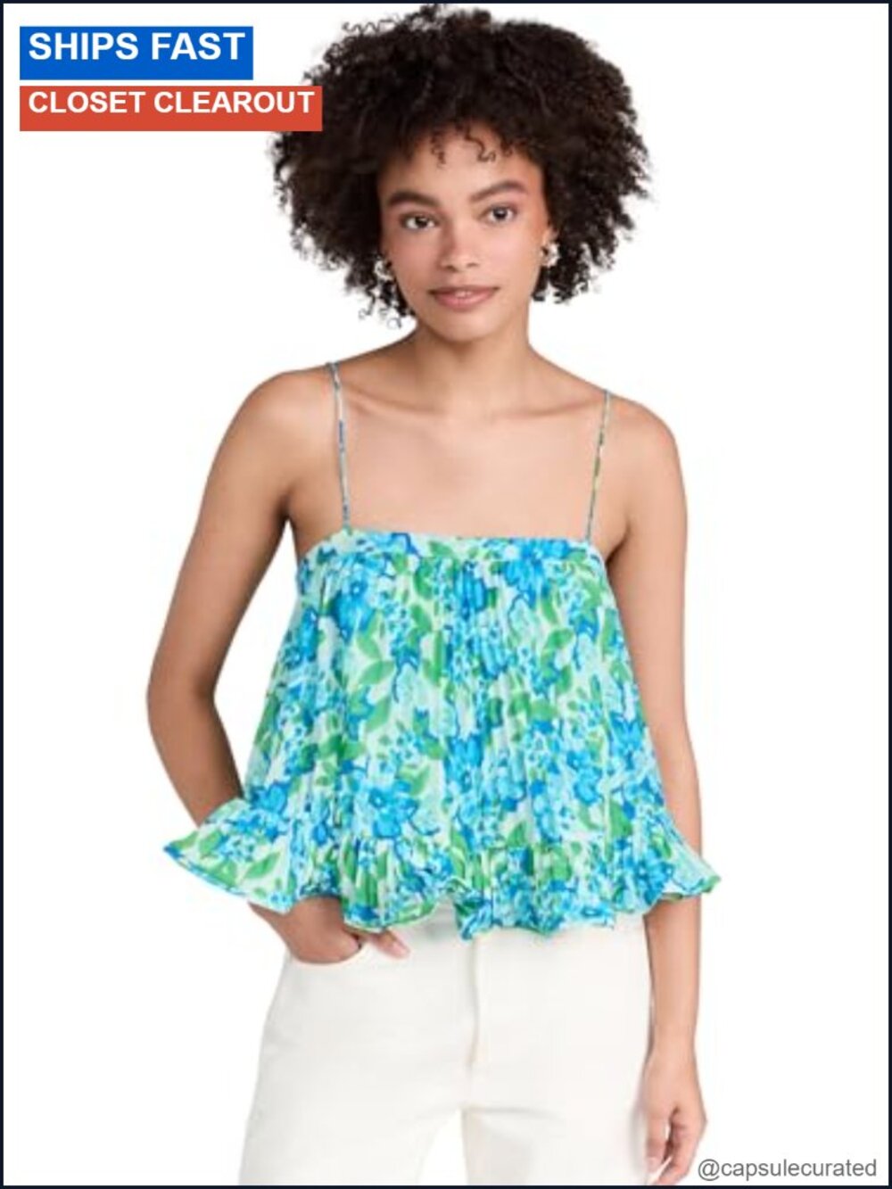 Pleated Square Neck Sleeveless Backless Floral Blouse